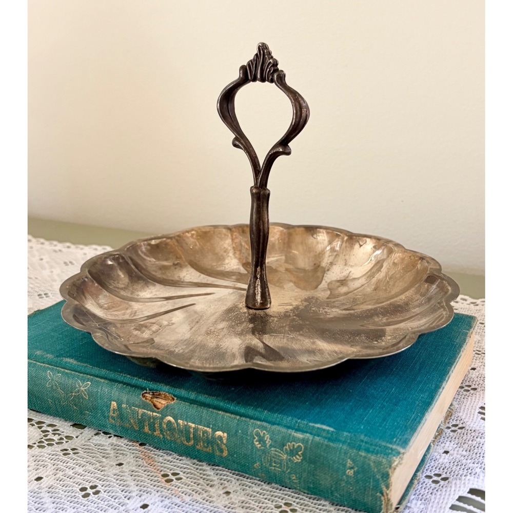 Vintage Silver Plated Tidbit Tray Scalloped Swirl Candy Dish with Handle